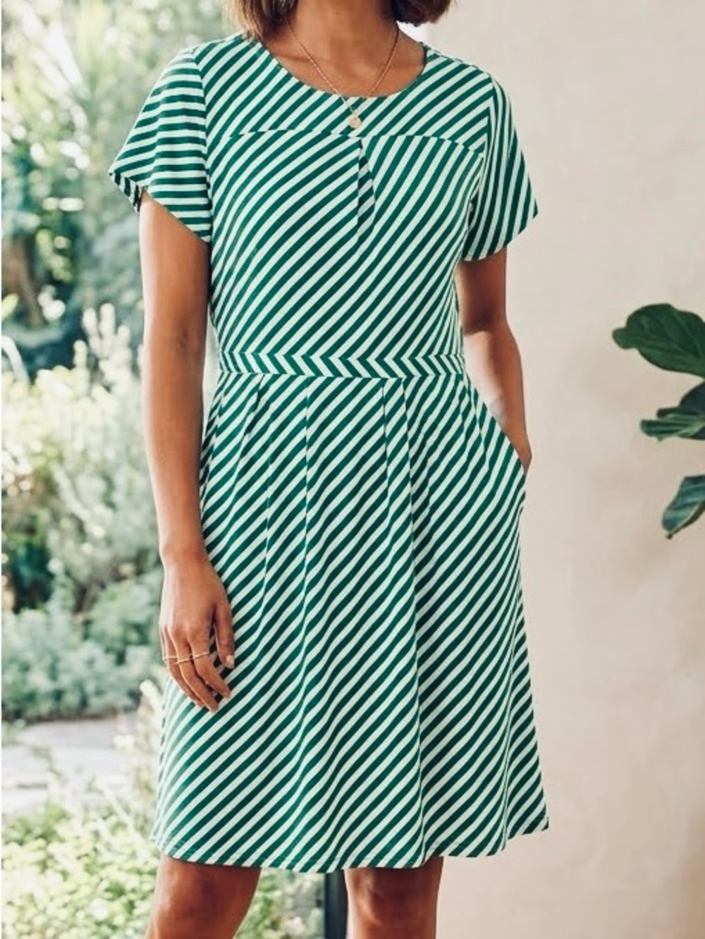 Modbe Dress Green White Diagonal Stripe Midi short sleeve fit & flare a-line XL